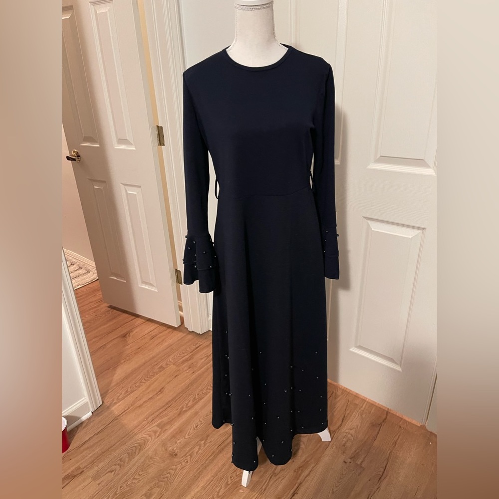 Very modest cute long navy dress with bell sleeves